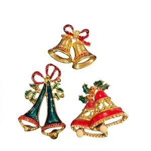 Vintage Christmas Bell Brooch Lot – Enamel & Gold-Tone Holiday Pins (Set 3) J23